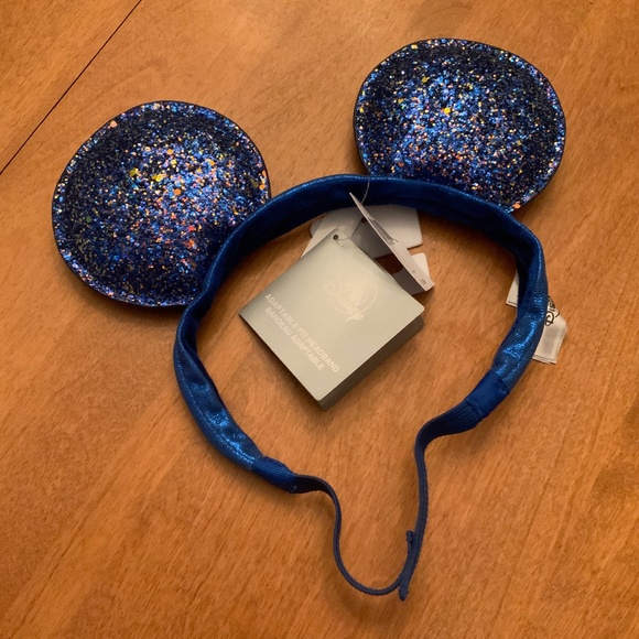 Disney Parks Gold Blue Bow Sequined Mickey Mouse Ears Headband - Picture 1 of 3